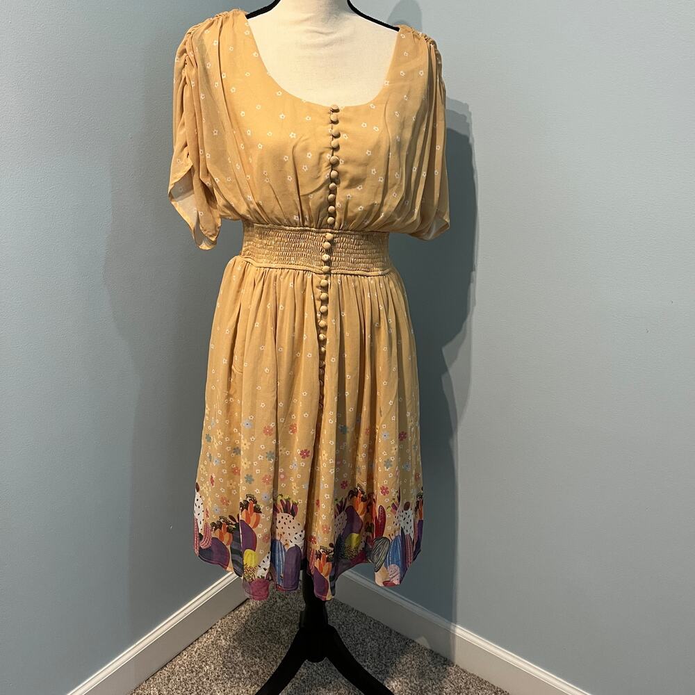 Wayward Fancies x eShakti Cactus Brdr Print Dress Smocked Waist Boho Cottagecore